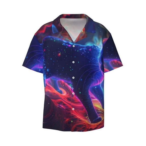 Fotbe Cosmic Cat Psychedelic Journey print Short Sleeve Button Down Shirts for Men Casual Summer Beach Wrinkle Free Shirt-4X-Large
