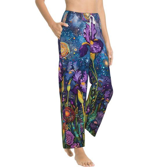 Fotbe Cosmic Purple Irises Women's Pajama Pants,Sleepwear Pants,Pj Bottoms Drawstring And Pockets-Medium
