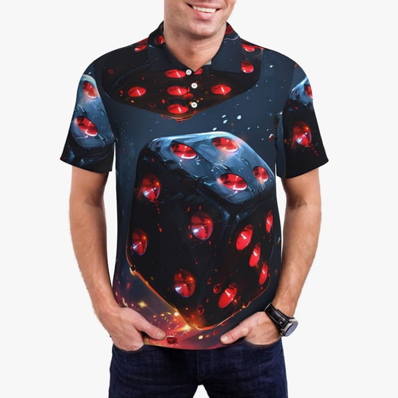 Fotbe Cosmic Red Sparkle Dice Pattern Men’s Golf Polo Shirt – Breathable Performance Golf Shirt with Button-Down Collar-X-Large