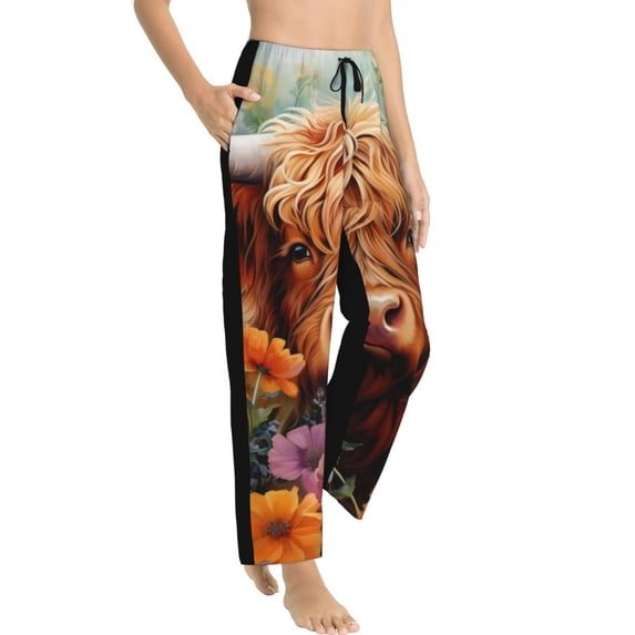 Fotbe Countryside Colorful Floral Cow Women's Pajama Pants,Sleepwear Pants,Pj Bottoms Drawstring And Pockets-Large