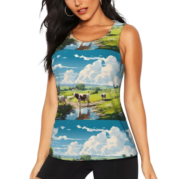Fotbe Countryside Farm Cow Womens Loose Fit Casual Flowy Slim-Fit Tank Tops Athletic Round Neck Trendy Sleeveless Summer Tops for Gym and Yoga-Small