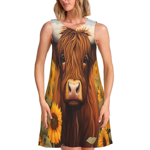 Fotbe Countryside Sunflower Cow Pattern Women’s Summer Tank Midi Dress – Sleeveless A-Line Dress, Floral T-Shirt Dress, Casual Flowing Beach Sundress
