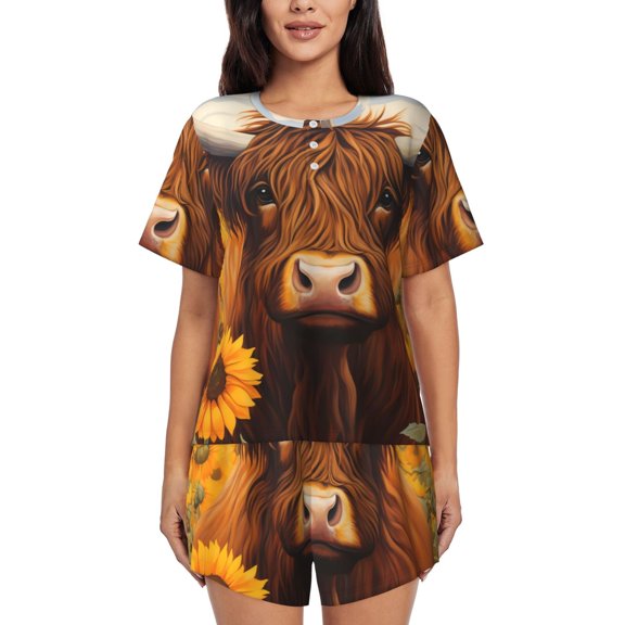 Fotbe Countryside Sunflower Cow Print Pajama Set for Women 2 Piece Loungewear Short Sleeve Tops and Shorts Set Soft Sleepwear-3X-Large