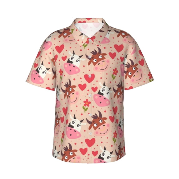 Fotbe Cow Flower And Heart Hawaiian Shirt for Men Unisex Summer Beach Casual Short Sleeve Cotton Linen Button Down Shirts-3X-Large