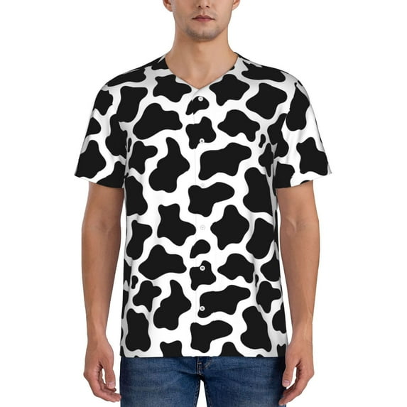 Fotbe Cow Print Black White Baseball Jersey Shirt for Men and Women, Casual Short Sleeves Button Down T-Shirt-Small