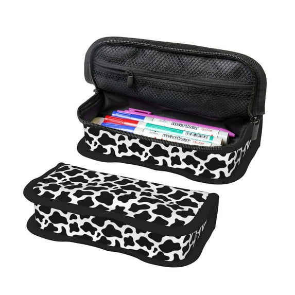 Fotbe Cow Print Black White Pattern Pencil Case,Canvas Pen Case, Multi- Slot Pencil Pouch, Portable Pencil Bag, Pen Case for& Office, Makeup Bag ,Zipper Pouch
