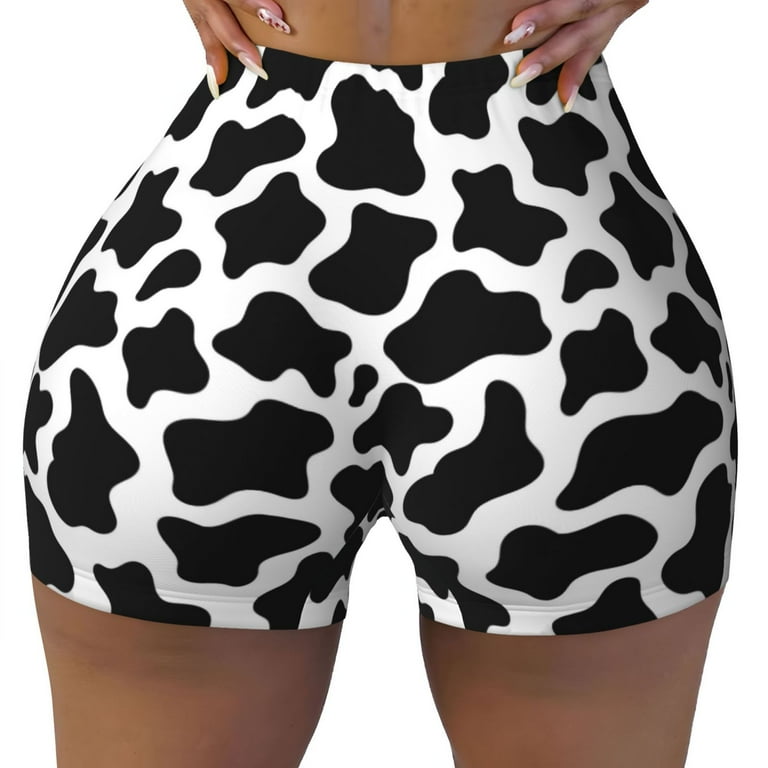 Fotbe Cow Print Black White Seamless Shorts, Womens Workout Shorts