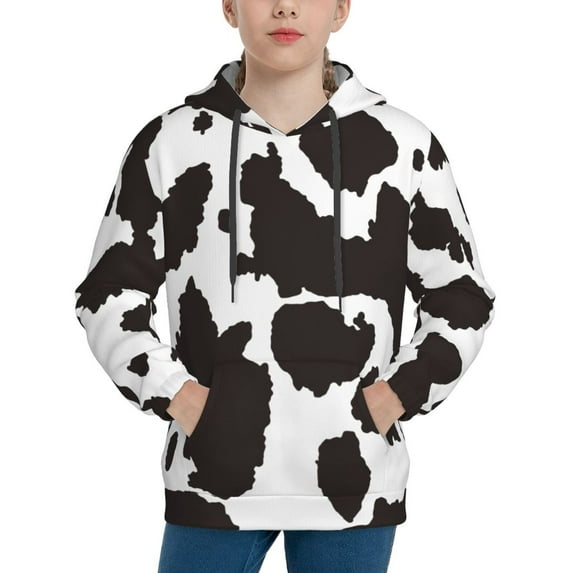 Fotbe Cow Skin 2 Pattern Youth Pullover Hooded Sweatshirt, Boys Hoodie, Kangaroo Pocket Hoodie for Kids Girls -Large