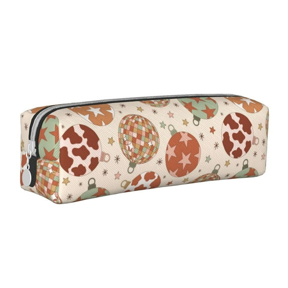 Fotbe Cow Spots And Disco Ball Pattern Leather Pencil Case, Pencil Pouch with Durable Zipper, Compact and Stylish Organizer for Stationery, Art Supplies, Travel Essentials