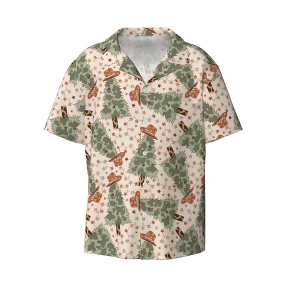 Fotbe Cowboy Christmas Trees print Short Sleeve Button Down Shirts for Men Casual Summer Beach Wrinkle Free Shirt-Large