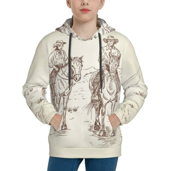 Fotbe Cowboys Riding Horses In Desert Pattern Youth Pullover Hooded Sweatshirt, Boys Hoodie, Kangaroo Pocket Hoodie for Kids Girls -Large