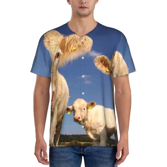 Fotbe Cows Cattles Baseball Jersey Shirt for Men and Women, Casual Short Sleeves Button Down T-Shirt-Large