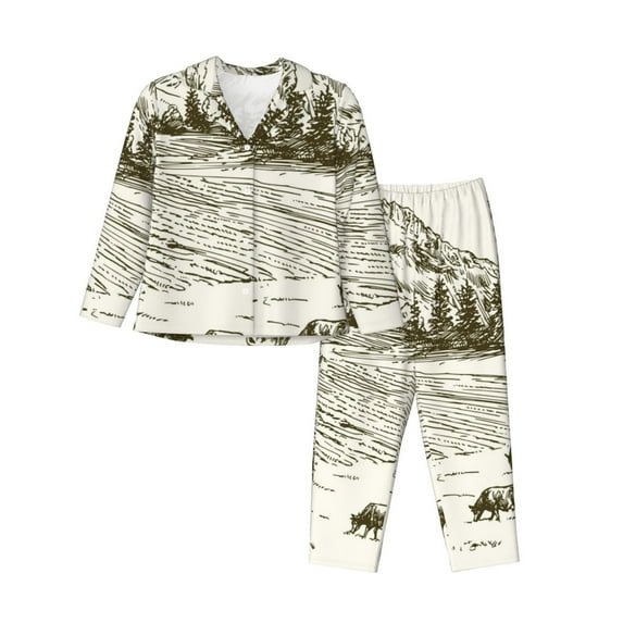 Fotbe Cows Grazing On Meadow Pattern Long Sleeve Pajama Set for Women,Sleepwear Set,2-piece Loungewear Set,Soft PJs Comfy Nightwear with Pockets -X-Large