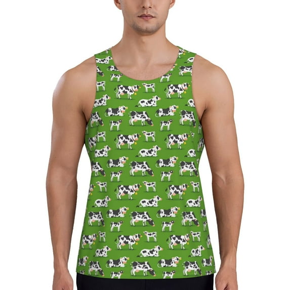 Fotbe Cows With Calfs Green Pattern Men's Quick Dry Workout Tank Top Gym Muscle Tee Fitness Bodybuilding Sleeveless T Shirt Breathable Workout Shirt-Medium
