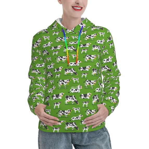 Fotbe Cows With Calfs Green Pattern Womens Long Sleeve Hoodie, Pullover Hooded Sweatshirt, Kangaroo Pocket Hoodie with Eye-catching Drawstrings-Medium