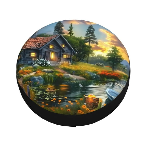 Fotbe Cozy Cottage Lakeside Sunset Spare Tire Cover Thickening Universal Fit for Jeep, Trailer, RV, SUV, Truck, Tough Tire Wheel Soft Cover-15 inch