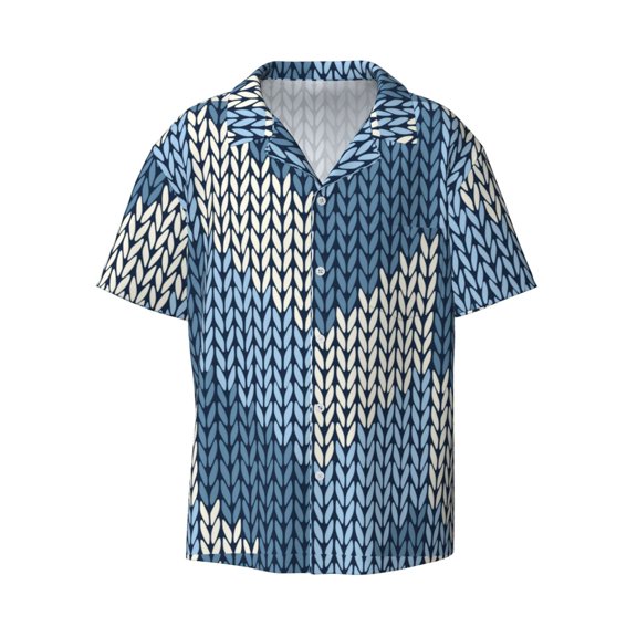 Fotbe Cozy Knitted Blue Chevron print Short Sleeve Button Down Shirts for Men Casual Summer Beach Wrinkle Free Shirt-Medium