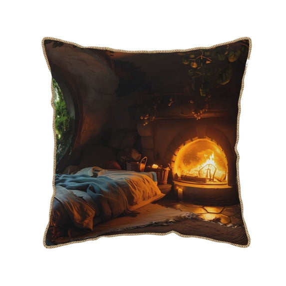 Fotbe Cozy Tree Hole Cabin Pattern Velvet Decorative Throw Pillow Covers with Elegant Piping, Soft Plush Cushion Cover for Sofa, Bed, Car, Office-16"x16"