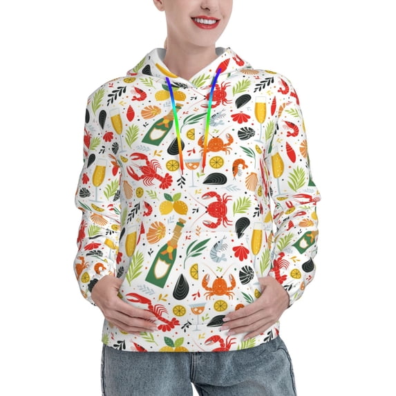 Fotbe Crabs Shrimps Pattern Womens Long Sleeve Hoodie, Pullover Hooded Sweatshirt, Kangaroo Pocket Hoodie with Eye-catching Drawstrings-Large
