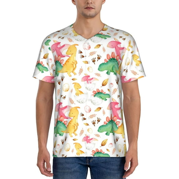 Fotbe Cute Baby Dinosaurs Baseball Jersey Shirt for Men and Women, Casual Short Sleeves Button Down T-Shirt-3X-Large