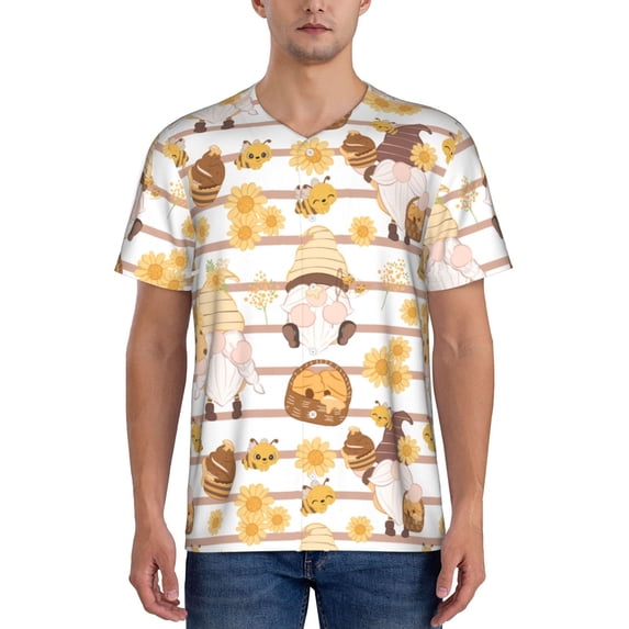 Fotbe Cute Bee Gnome Baseball Jersey Shirt for Men and Women, Casual Short Sleeves Button Down T-Shirt-Small