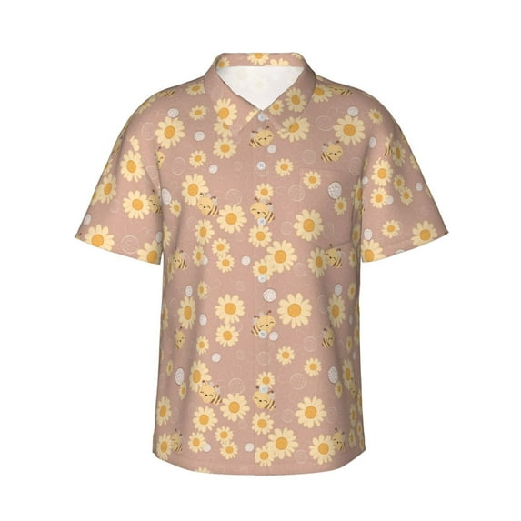 Fotbe Cute Bee Hawaiian Shirt for Men Unisex Summer Beach Casual Short Sleeve Cotton Linen Button Down Shirts-3X-Large