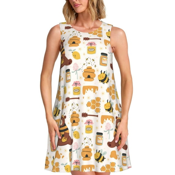 Fotbe Cute Bee Honey Jar Hive Bear Pattern Women’s Summer Tank Midi Dress – Sleeveless A-Line Dress, Floral T-Shirt Dress, Casual Flowing Beach Sundress