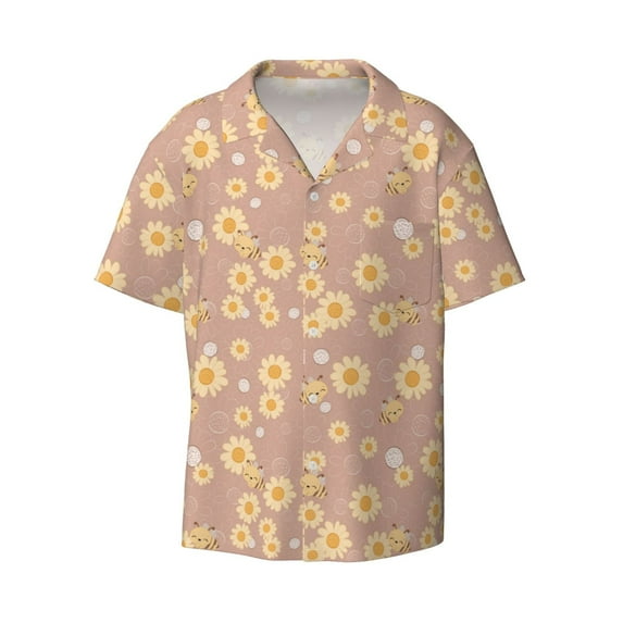 Fotbe Cute Bee print Short Sleeve Button Down Shirts for Men Casual Summer Beach Wrinkle Free Shirt-X-Large