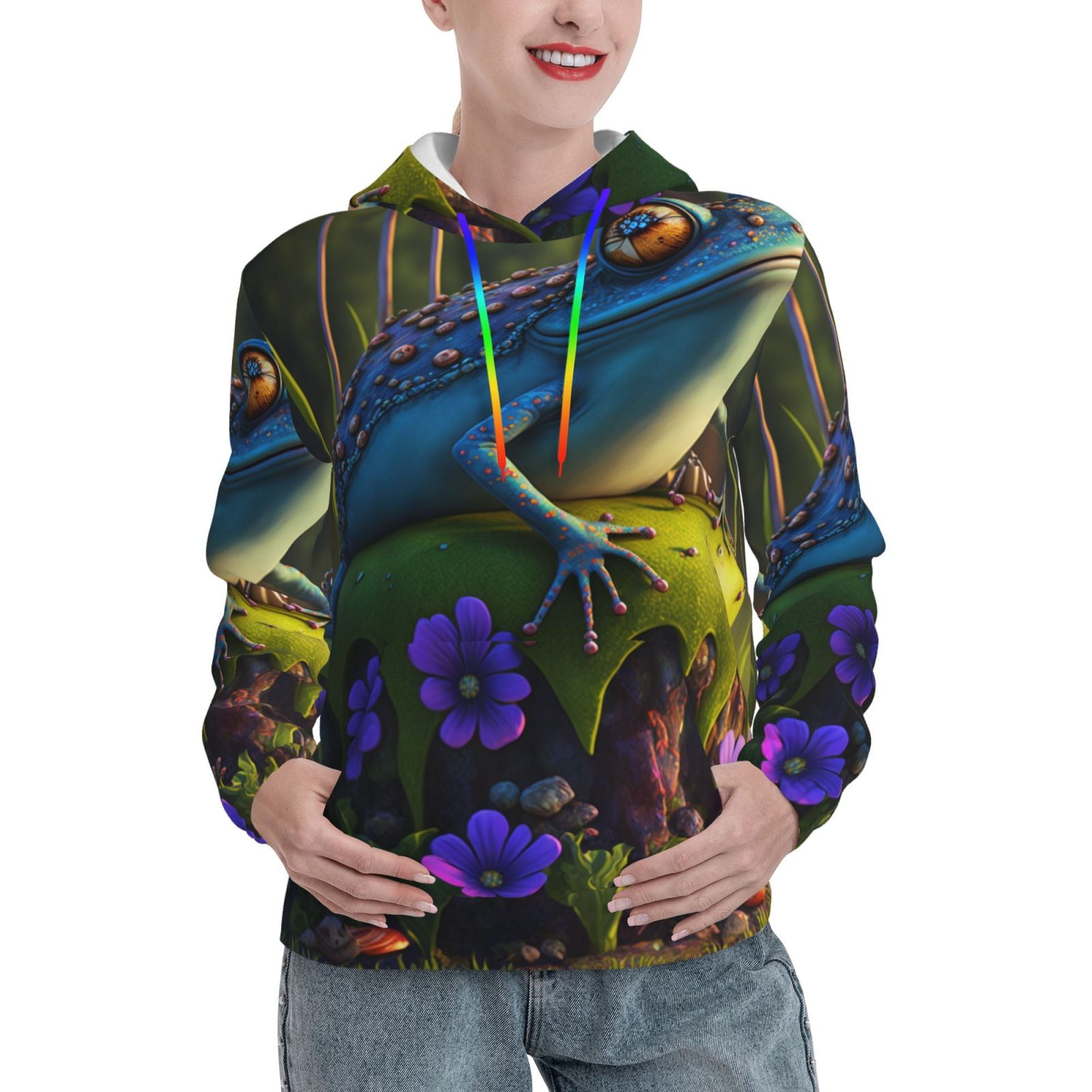 Fotbe Cute Blue Frog Pattern Womens Long Sleeve Hoodie, Pullover Hooded ...