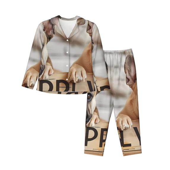 Fotbe Cute Bulldogs Apply Pattern Long Sleeve Pajama Set for Women,Sleepwear Set,2-piece Loungewear Set,Soft PJs Comfy Nightwear with Pockets -Small