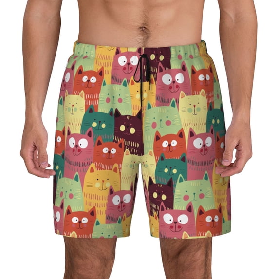 Fotbe Cute Cartoon Cat Men’s Swim Trunks Quick Dry Swim Shorts Board Shorts with Mesh Lining-Medium