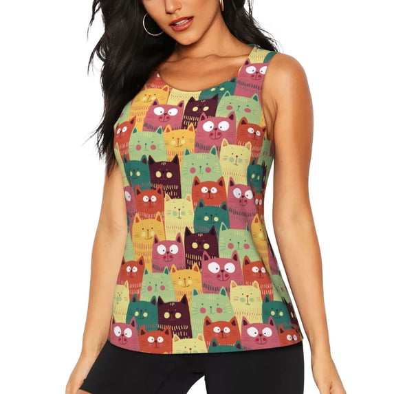 Fotbe Cute Cartoon Cat Womens Loose Fit Casual Flowy Slim-Fit Tank Tops Athletic Round Neck Trendy Sleeveless Summer Tops for Gym and Yoga-Large