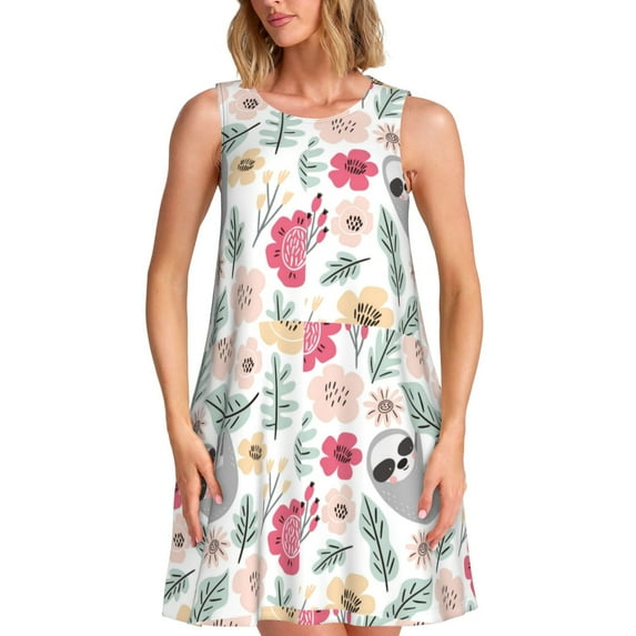 Fotbe Cute Cartoon Sloth Pattern Women’s Summer Tank Midi Dress – Sleeveless A-Line Dress, Floral T-Shirt Dress, Casual Flowing Beach Sundress
