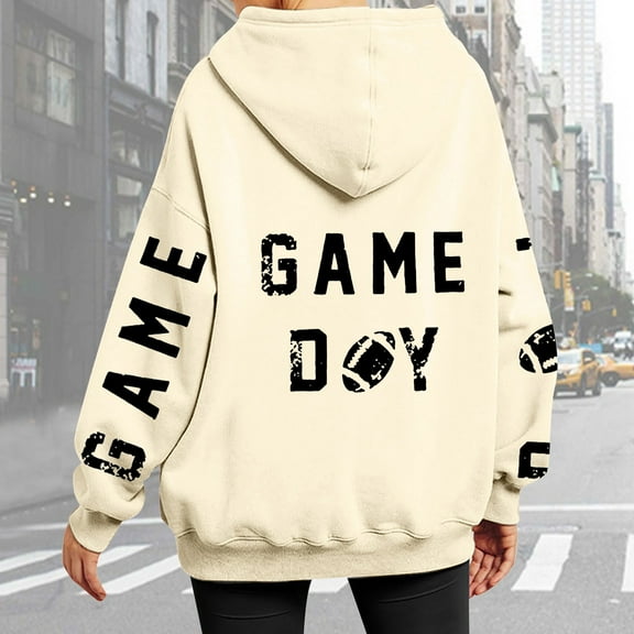 Fashion Women Long Sleeve Letter Football Graphic Printed Drawstring Hoodie Pullover Sweatshirts Top Blouse Clothe with Pocket Women Clothes Patterns Long Sleeve Button down Sweatshirt Womens