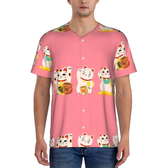 Fotbe Cute Cat Baseball Jersey Shirt for Men and Women, Casual Short Sleeves Button Down T-Shirt-Small