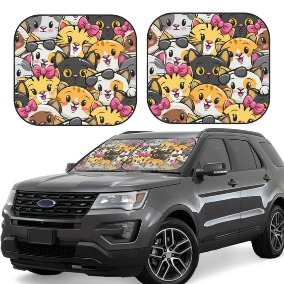 Fotbe Cute Cat Cartoon 2-Piece Car Windshield Sun Shade | Sun Blocker for Car Windshield | Foldable Automotive Interior Accessories for Sun Protection-Large