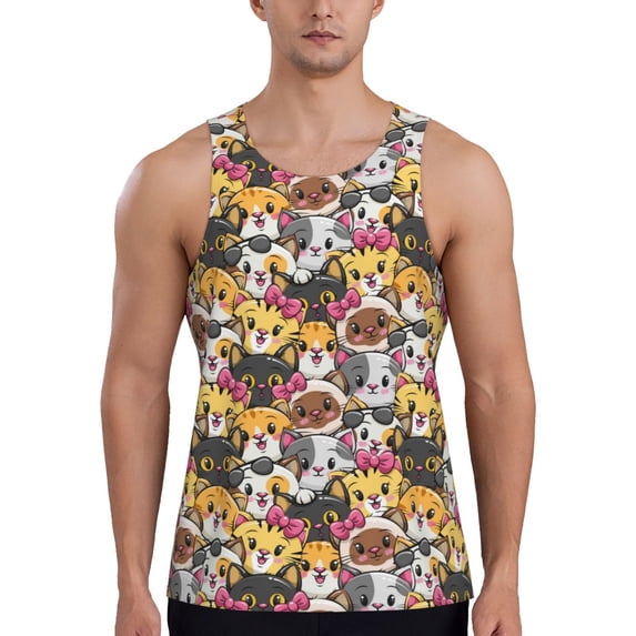 Fotbe Cute Cat Cartoon Pattern Men's Quick Dry Workout Tank Top Gym Muscle Tee Fitness Bodybuilding Sleeveless T Shirt Breathable Workout Shirt-XX-Large