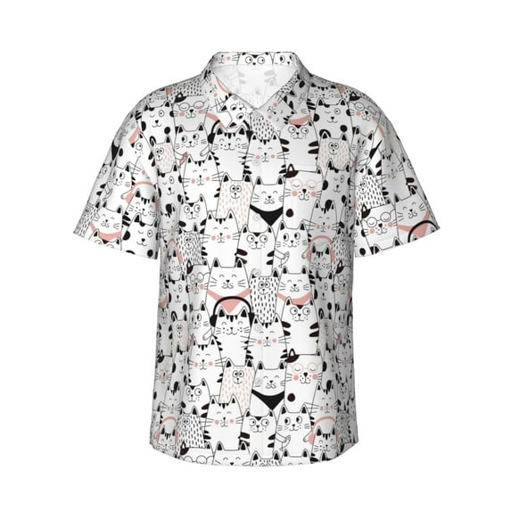 Fotbe Cute Cat Hawaiian Shirt for Men Unisex Summer Beach Casual Short Sleeve Cotton Linen Button Down Shirts-XX-Large
