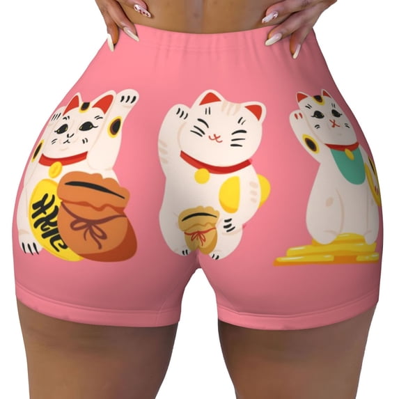 Fotbe Cute Cat Seamless Shorts, Womens Workout Shorts High Waist Stretch Booty Short for Gym/Yoga/Running/Biking-Large