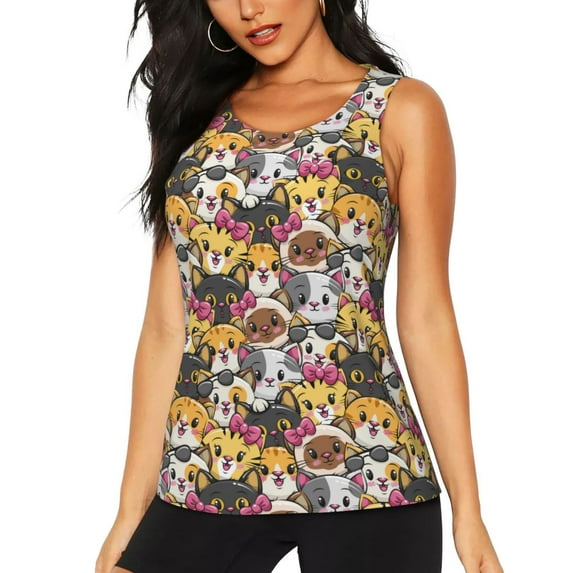 Fotbe Cute Cat Womens Loose Fit Casual Flowy Slim-Fit Tank Tops Athletic Round Neck Trendy Sleeveless Summer Tops for Gym and Yoga-Small