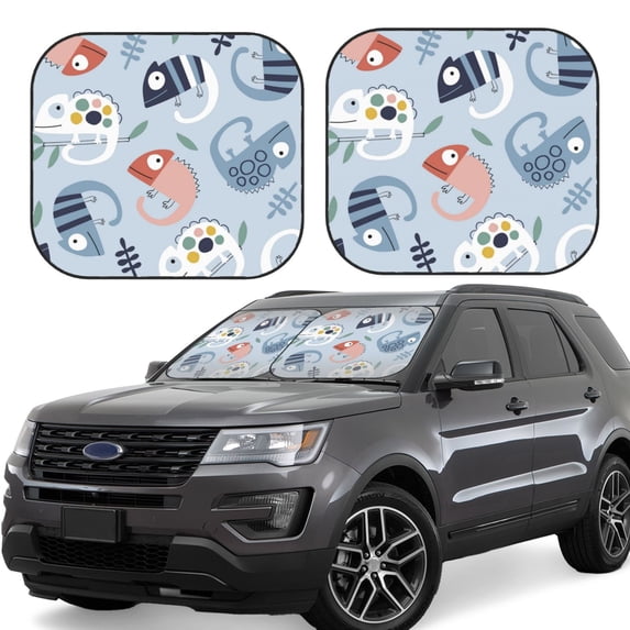 Fotbe Cute Chameleons On Blue 2-Piece Car Windshield Sun Shade | Sun Blocker for Car Windshield | Foldable Automotive Interior Accessories for Sun Protection-Medium