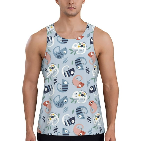 Fotbe Cute Chameleons On Blue Pattern Men's Quick Dry Workout Tank Top Gym Muscle Tee Fitness Bodybuilding Sleeveless T Shirt Breathable Workout Shirt-X-Large