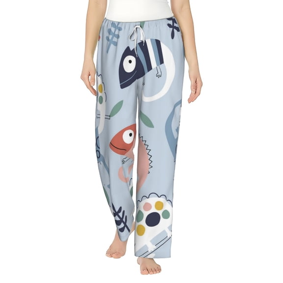Fotbe Cute Chameleons On Blue Women's Pajama Pants,Sleepwear Pants,Pj Bottoms Drawstring And Pockets-Medium