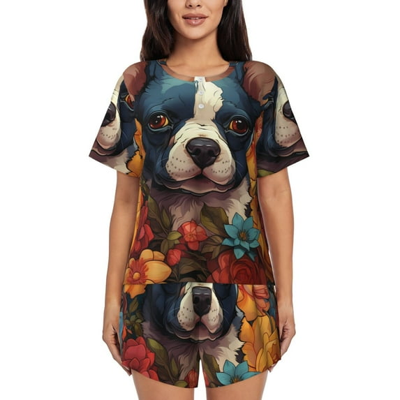 Fotbe Cute Colorful Flower French Bulldog Print Pajama Set for Women 2 Piece Loungewear Short Sleeve Tops and Shorts Set Soft Sleepwear-X-Large