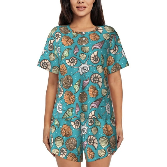 Fotbe Cute Conch Print Pajama Set for Women 2 Piece Loungewear Short Sleeve Tops and Shorts Set Soft Sleepwear-Large
