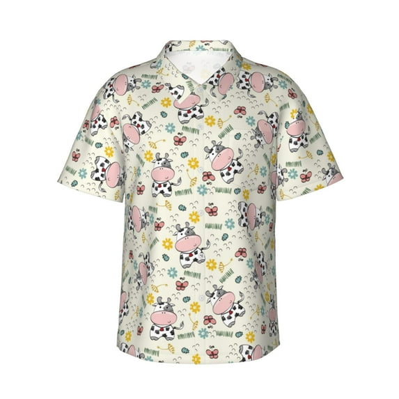 Fotbe Cute Cow Hawaiian Shirt for Men Unisex Summer Beach Casual Short Sleeve Cotton Linen Button Down Shirts-XX-Large