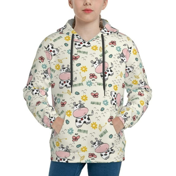 Fotbe Cute Cow Pattern Youth Pullover Hooded Sweatshirt, Boys Hoodie, Kangaroo Pocket Hoodie for Kids Girls -Large