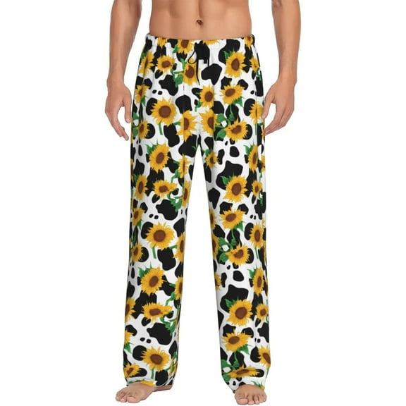 Fotbe Cute Cow Print Sunflower C Men's Pajama Pants,Sleepwear Pants,Pj Bottoms Drawstring And Pockets-Large