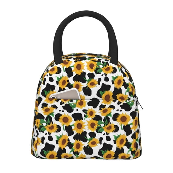 Fotbe Cute Cow Print Sunflower C Pattern Lunch Bag, Insulated Lunch Box, Small Leakproof Cooler Food Lunch Containers Reusable High Capacity Lunch Tote Bags for Work, Travel, Outdoor