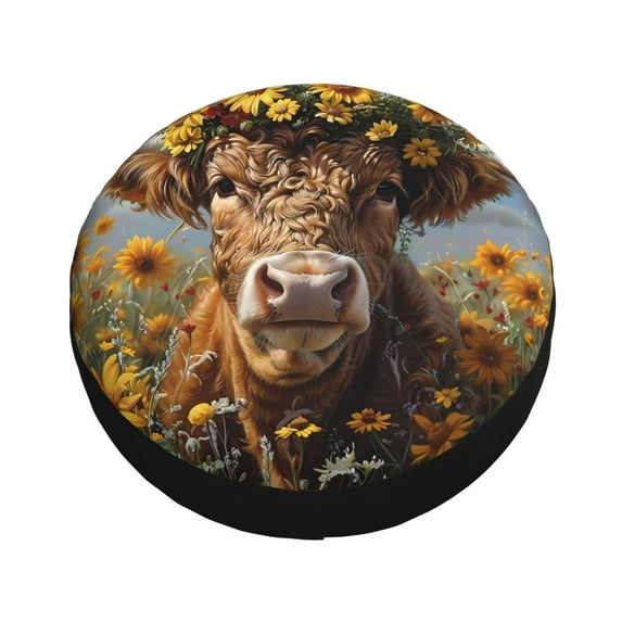 Fotbe Cute Cow Sunflower Crown A Spare Tire Cover Thickening Universal Fit for Jeep, Trailer, RV, SUV, Truck, Tough Tire Wheel Soft Cover-16 inch